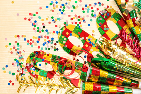 Carnival mask and decorations. Holidays background. Symbol of venetian mask festivalの写真素材