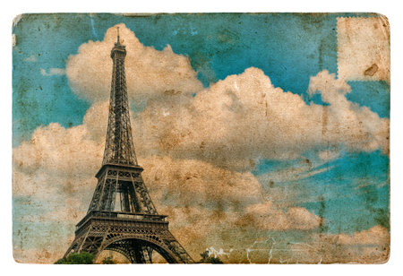 Vintage style postcard from Paris with Eiffel Tower. Grunge texture paper backgroundの写真素材