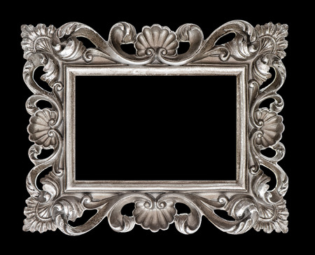 Vintage silver baroque style picture frame isolated over black backgroundの写真素材