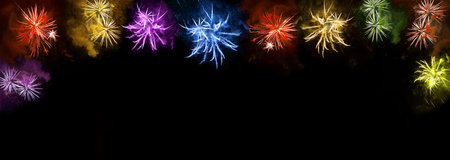 Colorful fireworks on black background. Holidays banner. Happy New Year!