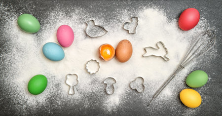 Cookies ingredient and colored easter eggs. Food background