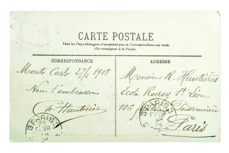Calligraphic handwritten french postcard with vintage unreadable text.の写真素材