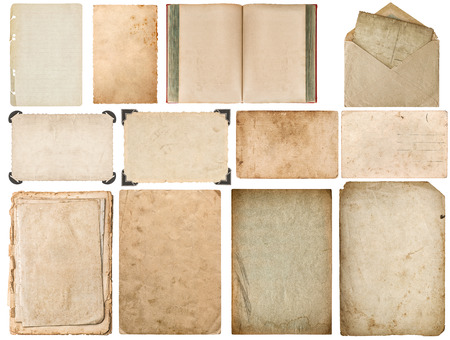 Paper with edges, book, envelope, cardboard, photo frame corner isolated on white background. Set scrapbook elementsの写真素材