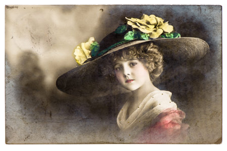 Beautiful girl in vintage dress and hat. Old picture with original film grain and blur