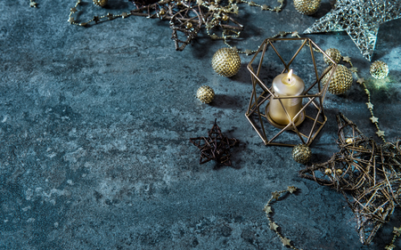 Christmas background stars, balls and candles. Festive lights decorationの写真素材