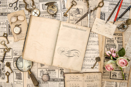 Antique french and german collectible goods, books, magazine, news paper prepared for sale on the famous flea market in Baden-Baden, Germanyの写真素材