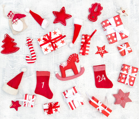Gift boxes and Christmas decoration ornament. Flat layの写真素材