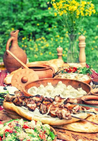 Shashlik, khinkali, salad. Georgian food on nature background. Vintage style toned pictureの写真素材