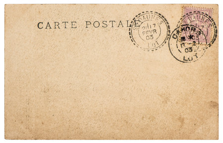 Vintage postcard letter with stamp. Used paper background