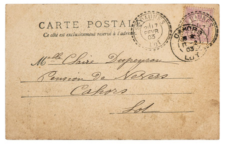 Used paper. Vintage postcard letter with stamp on white background
