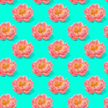 Peony flower on turquoise blue background. Seamless pattern texture