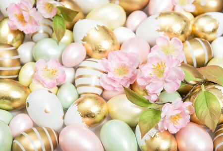 Easter egg decoration with spring cherry blossom flowersの写真素材