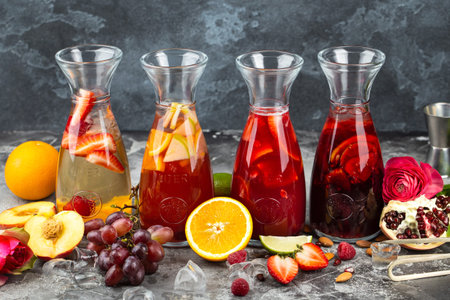 Summer fruits berries beverages. Fresh drinks and juices. Orange, peach, grape, pomegranate,...
