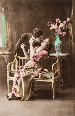 Young couple in love. Vintage picture with original film grain and blur