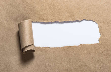 Torn craft paper strip with white copy space. Ripped cardboardの写真素材