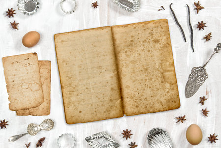 Old recipe book mock up. Food background flat lay