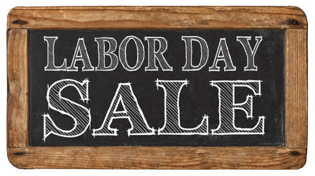 Labor Day Sale. Vintage chalkboard with wooden frame isolated on white backgroundの写真素材