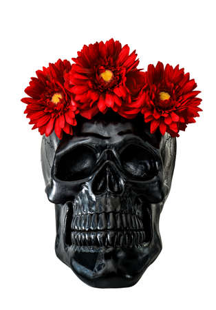 Black skull with red flowers. Halloween decorationの写真素材