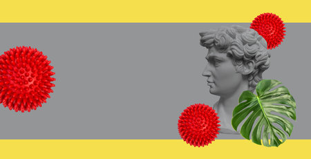 Creative collage statue head Corona virus. Trendy color yellow grayの写真素材