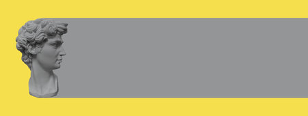 Gypsum statue head. Trendy color yellow gray. Creative banner