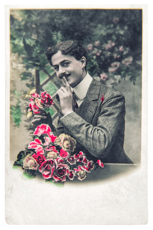 Handsome man with roses flowers. Old photo vintage postcardのeditorial素材