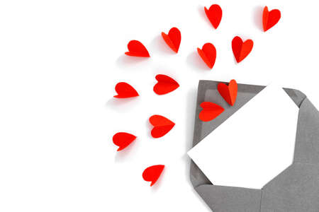 Love letter mockup. Red paper hearts. Valentines Day backgroundの写真素材