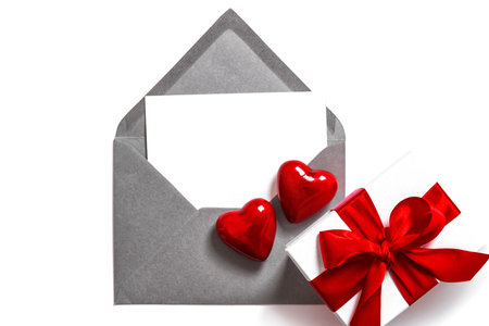 Valentines Day greeting card. Red hearts decoration and gift boxの写真素材