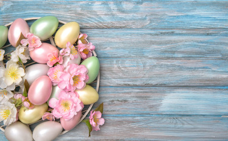 Easter eggs decoration with spring blossoms. Easter card concept
