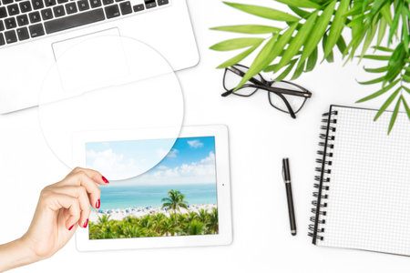 Transparent ticker mockup for motivation quotes. Female hand holding blank card mock upの写真素材