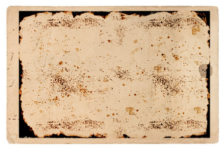 Old paper sheet. Photo frame. Used cardboard with stains isolated on white backgroundの写真素材