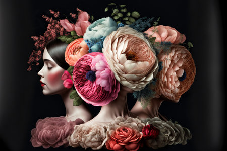 Beautiful fresh flowers arrangement. Young woman with floral decorationの素材