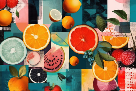Colorful fruits and berries background. Retro grunge 60s style food posterの素材