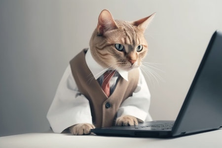 Cat businessman working with leptop in officeの素材