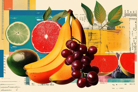 Tropical fruits bananas, grapefruit, avocado and wine grapes. Retro style grungy food posterの素材
