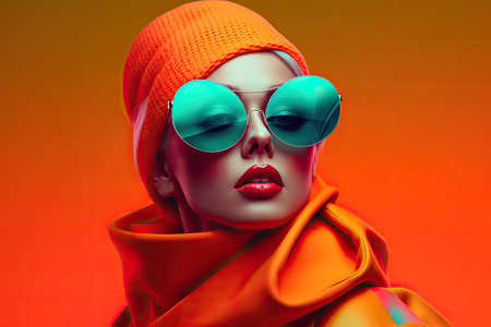 Trendy fashion woman wearing huge amazing sunglasses. Vibrant neon colorsの素材