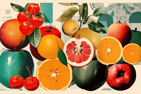 Tropical fruits and mixed berries collage. Retro grunge typographic art food posterの素材