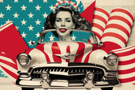Happy american woman flag and retro car. 4th of July Independence Day patriotic collageの素材