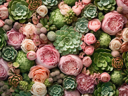 Colorful fresh peony and roses flowers with succulents. Floral background. Pastel pink and emerald greenの素材