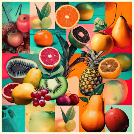 Tropical fruits pineapple, grapefruit, orange and kiwi. Retro style grungy food posterの素材