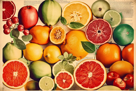 Fresh citrus fruits. Orange, lemon, grapefruit, lime. Vintage 60s style food backgroundの素材
