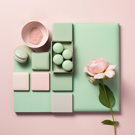 Mint green macaroons with soft pink peony flower. Mood board flat layの素材