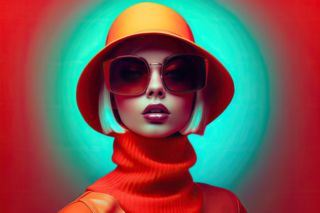 Fashion blonde woman wearing big sunglasses. Vibrant colors. Studio lightの素材