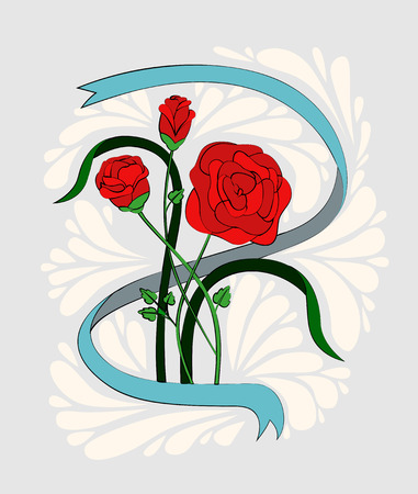 A bouquet of three red roses in a ribbon. Painted in the style of old school or vintageのイラスト素材