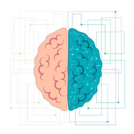 brain of artificial intelligence. Left and right hemisphere with neural connectionsのイラスト素材
