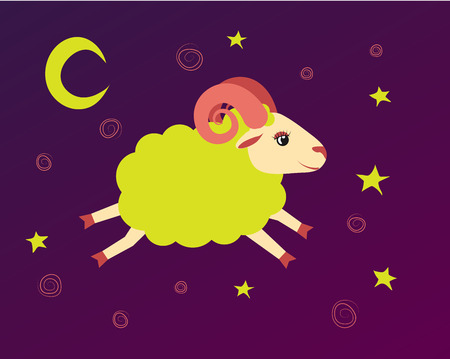 Lamb flies in the starry sky between the stars. illustration baa-lamb symbol of a lullaby and bedtimeのイラスト素材
