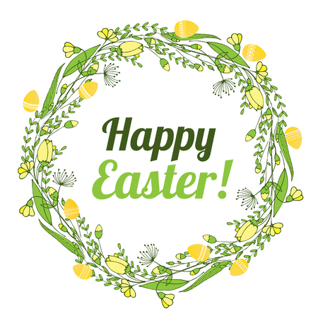 The inscription of a happy Easter in a wreath of flowers and eggs Vectorのイラスト素材