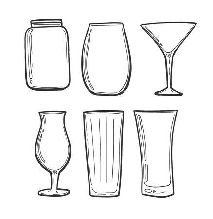 Glasses set. Sketch glasses in black strokes. To design a cocktail card or menu restaurant.のイラスト素材