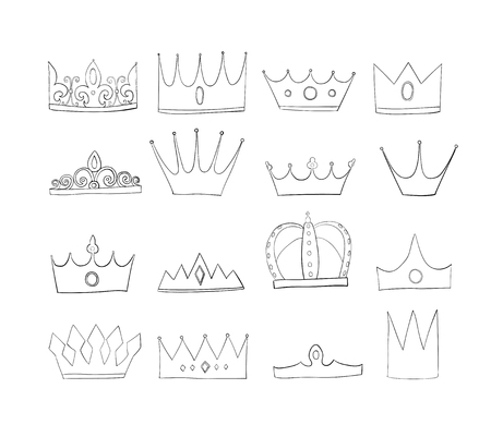 crowns with gems and diamonds set. A symbol of authority. Headpiece of the King. Icon denoting success and insignia. vector sketch crown, outlineのイラスト素材