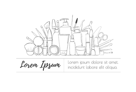 Beauty blog or makeup store hat. Advertising design template with space for text. Beauty saloon. Drawing hands. Illustrationの写真素材