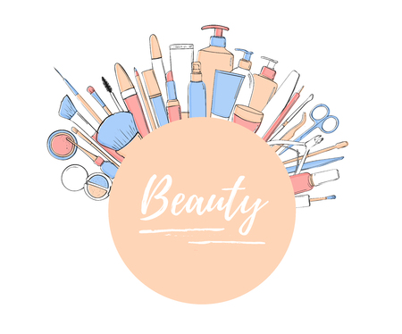Beauty salon or makeup blog. Pastel blue and pink layout. Template of design. Cosmetics in a circle with space for text. Drawing hands. Illustrationの写真素材